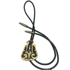 Western Black enamel and gold tone Cowboy Cowgirl Leather  Bolo Tie‎